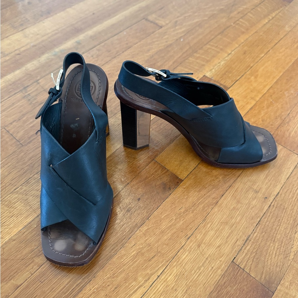 Tory Burch Black Leather Mirrored High Heel Sandals
